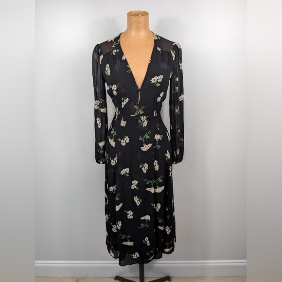 Reformation Black Floral Strapless Ruched Midi Dress Size Small